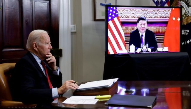 Five G U.S. President Joe Biden speaks virtually with Chinese leader Xi Jinping from the White House in Washington, U.S. November 15, 2021. REUTERS/Jonathan Ernst