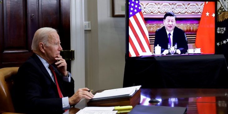 Five G U.S. President Joe Biden speaks virtually with Chinese leader Xi Jinping from the White House in Washington, U.S. November 15, 2021. REUTERS/Jonathan Ernst
